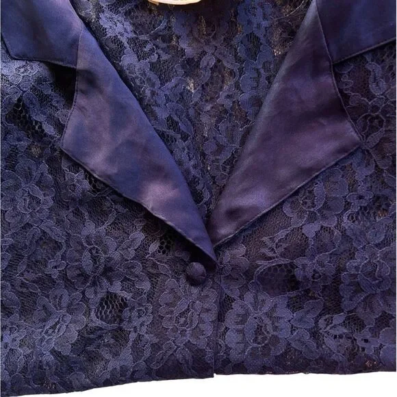Vintage Victoria's Secret Gold Label Satin Collar Navy Lace Top Short Sleeve - Picture 5 of 7